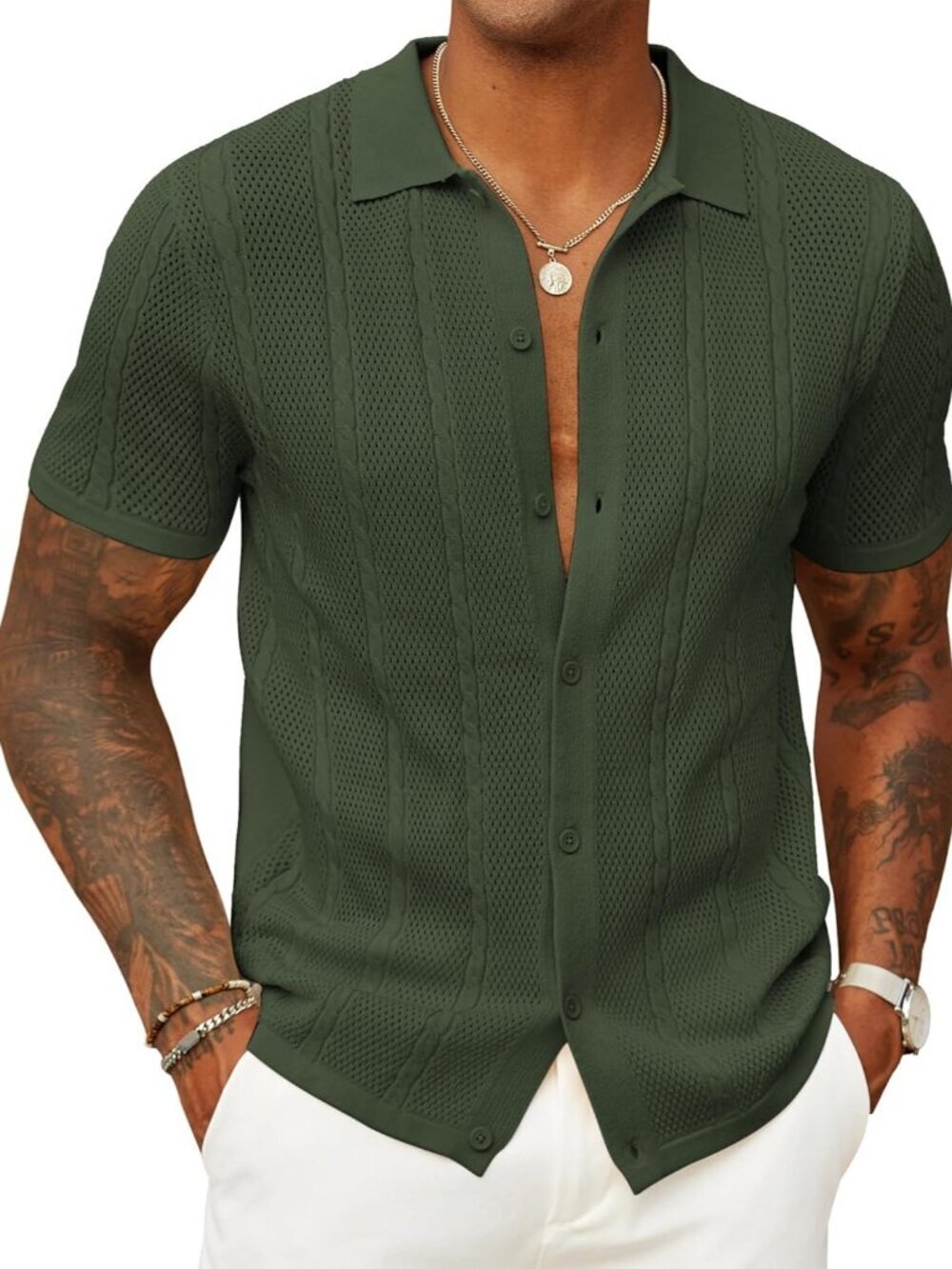 Men’s Army Green Knit Button-Down Polo Summer Beach Casual Top Shirt